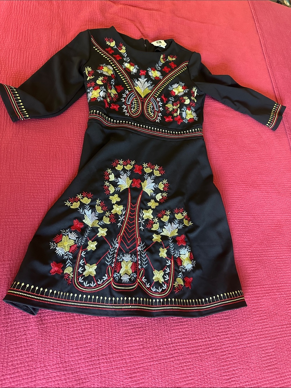 Black Embroidered Floral Fit-and-Flare Kids Dress